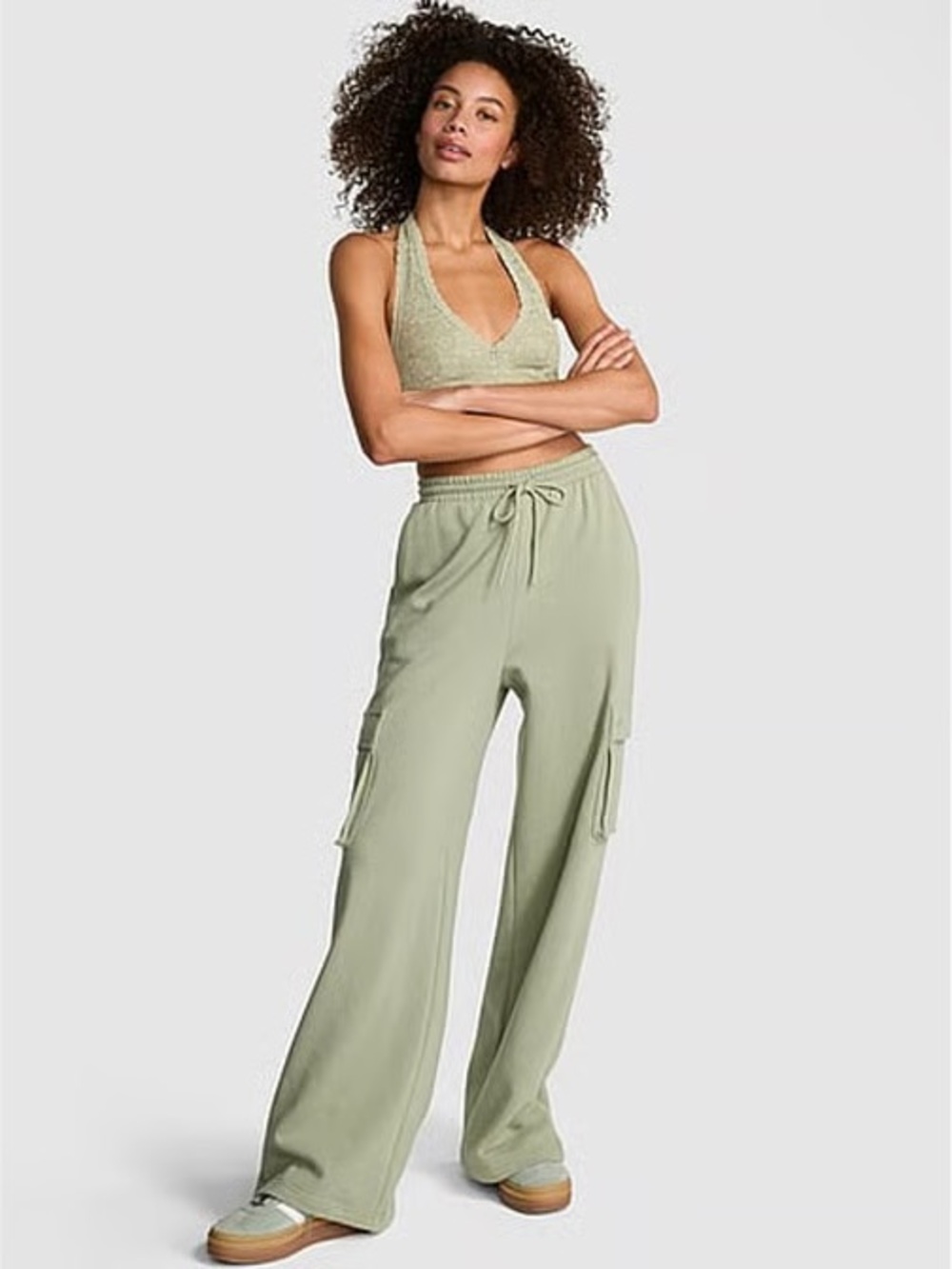 Pink Rose Wide-Leg Cargo Sweatpants in Sage Green